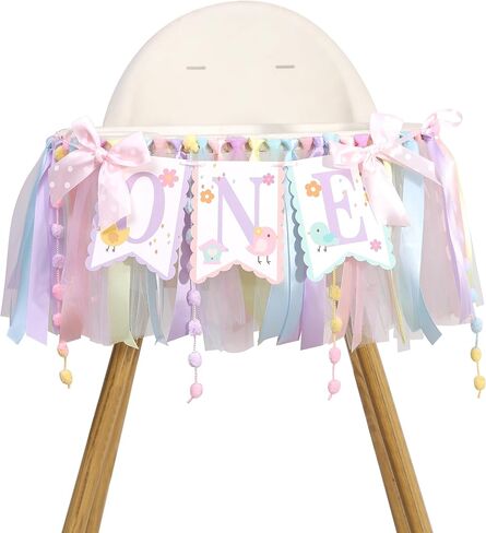 1st Birthday High Chair Banner for Girls - Pastel Macaron Tulle Banner with Cute Bird Design, Colorful Floral Highchair Banner, This Bird Is One Party Decoration, this chick is one birthday decorations in Saudi Arabia