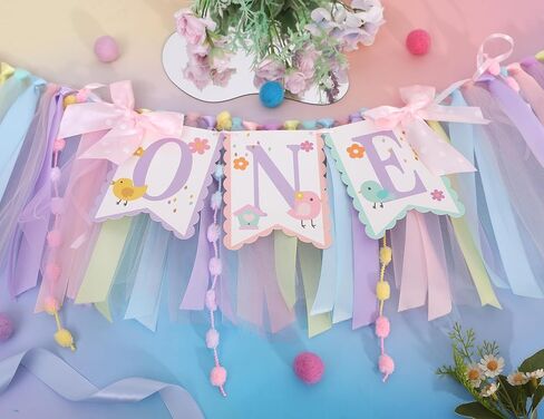 1st Birthday High Chair Banner for Girls - Pastel Macaron Tulle Banner with Cute Bird Design, Colorful Floral Highchair Banner, This Bird Is One Party Decoration, this chick is one birthday decorations in Saudi Arabia