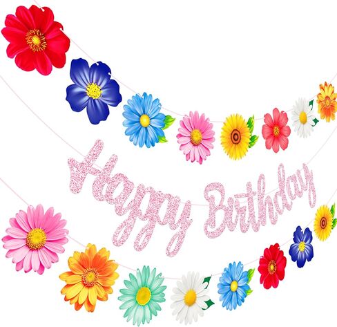 3pcs Summer Daisy Flower Garlands with Pink Glitter Happy Birthday Banner Floral Birthday Bunting Spring Summer Decor for Girls Birthday Garden Tea Pool Baby Shower Party Supplies in Kuwait
