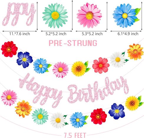 3pcs Summer Daisy Flower Garlands with Pink Glitter Happy Birthday Banner Floral Birthday Bunting Spring Summer Decor for Girls Birthday Garden Tea Pool Baby Shower Party Supplies in Kuwait