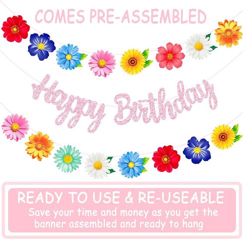 3pcs Summer Daisy Flower Garlands with Pink Glitter Happy Birthday Banner Floral Birthday Bunting Spring Summer Decor for Girls Birthday Garden Tea Pool Baby Shower Party Supplies in Kuwait
