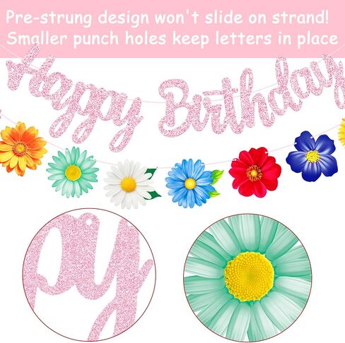 3pcs Summer Daisy Flower Garlands with Pink Glitter Happy Birthday Banner Floral Birthday Bunting Spring Summer Decor for Girls Birthday Garden Tea Pool Baby Shower Party Supplies in Kuwait