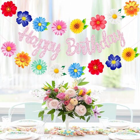 3pcs Summer Daisy Flower Garlands with Pink Glitter Happy Birthday Banner Floral Birthday Bunting Spring Summer Decor for Girls Birthday Garden Tea Pool Baby Shower Party Supplies in Kuwait