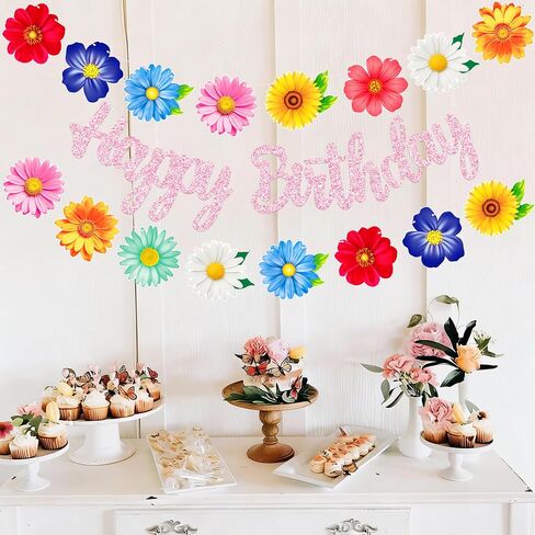 3pcs Summer Daisy Flower Garlands with Pink Glitter Happy Birthday Banner Floral Birthday Bunting Spring Summer Decor for Girls Birthday Garden Tea Pool Baby Shower Party Supplies in Kuwait