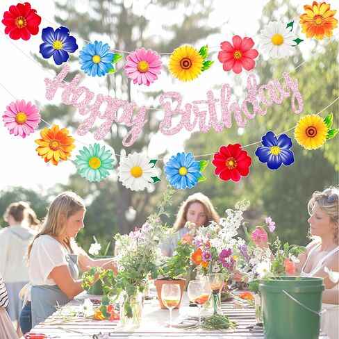 3pcs Summer Daisy Flower Garlands with Pink Glitter Happy Birthday Banner Floral Birthday Bunting Spring Summer Decor for Girls Birthday Garden Tea Pool Baby Shower Party Supplies in Kuwait