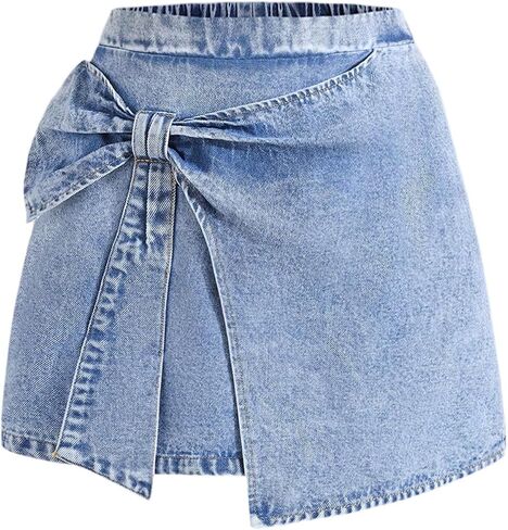 MakeMeChic Teen Girl's Bow Denim Skirt Wrap Elastic Waist Bodycon Cute Mini Jean Skirts in Kuwait