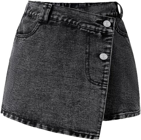Nivne Tco Tween Girls Denim Skorts Fashion Asymmetrical and Buttons Elastic Waist Black Jean Shorts with Four Pockets in Kuwait