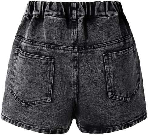 Nivne Tco Tween Girls Denim Skorts Fashion Asymmetrical and Buttons Elastic Waist Black Jean Shorts with Four Pockets in Kuwait
