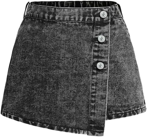 Nivne Tco Tween Girls Denim Skort، شورت أسود غير متماثل بخصر عالٍ وأزرار أمامية مع سحاب على شكل حرف A Mini Jean Skorts in Kuwait