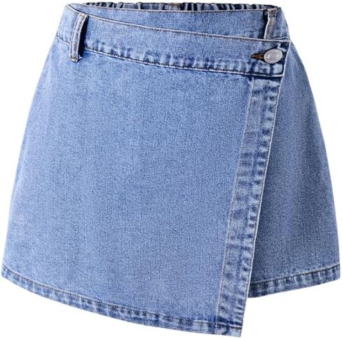 Nivne Tco Teen Girls Asymmetrical Denim Skorts Distressed Denim Skirt with Shorts Casual Blue Elastic Waist Jean Shorts in Kuwait
