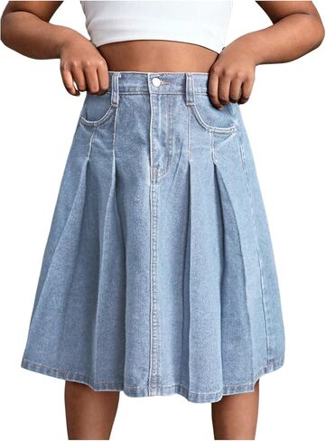 GORGLITTER Girl's Denim Skirts Pleated A Line Ruffle Summer Casual Midi Jean Skirt with Pockets Trendy in Kuwait