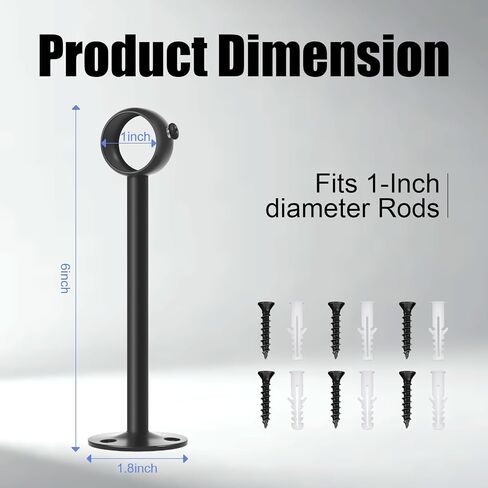 6 Inch Celing Curtain Rod Brackets, Stainless Steel Ceiling Curtain Rod Hooks Holders for 1 Inch Drape Poles,Heavy Duty Ceiling Curtain Rod Hangers for Bathroom, Living Room, Bedroom, 2 Pack, Black in Saudi Arabia