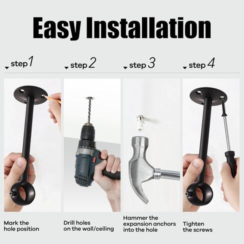 6 Inch Celing Curtain Rod Brackets, Stainless Steel Ceiling Curtain Rod Hooks Holders for 1 Inch Drape Poles,Heavy Duty Ceiling Curtain Rod Hangers for Bathroom, Living Room, Bedroom, 2 Pack, Black in Saudi Arabia
