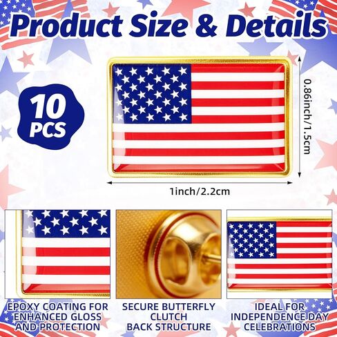 10 Pack USA Flag Lapel Pins, Gold Trimmed American Enamel Badges, United States Flag Design, Patriotic Pins for Independence Day, National Holidays, Office, Suit Jacket, Backpack, or Hat Decoration in Saudi Arabia
