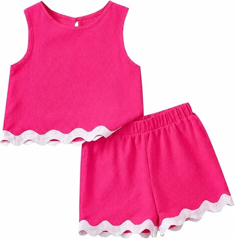 Girls 2 Piece Summer Outfit, Sleeveless Scallop Tank Top and Shorts Set, Toddler Little Girls Beach Clothes in Kuwait