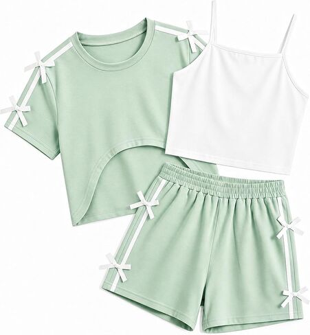 Girls Summer Outfits 3 Piece Set Cute Pink Crop Top White Cami Tank and Shorts with Bow Knot Casual Playwear in Saudi Arabia