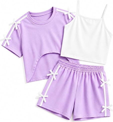 Girls Summer Outfits 3 Piece Set Cute Pink Crop Top White Cami Tank and Shorts with Bow Knot Casual Playwear in Saudi Arabia