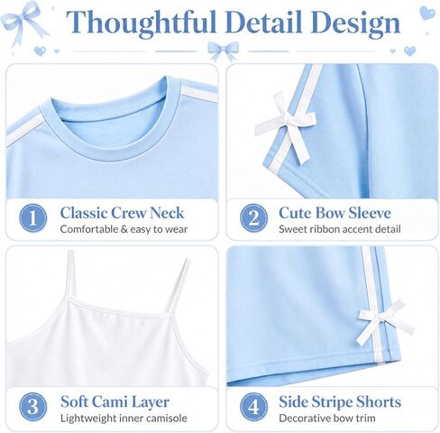 Girls Summer Outfits 3 Piece Set Cute Pink Crop Top White Cami Tank and Shorts with Bow Knot Casual Playwear in Saudi Arabia