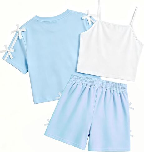 Girls Summer Outfits 3 Piece Set Cute Pink Crop Top White Cami Tank and Shorts with Bow Knot Casual Playwear in Saudi Arabia