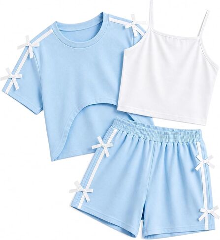 Girls Summer Outfits 3 Piece Set Cute Pink Crop Top White Cami Tank and Shorts with Bow Knot Casual Playwear in Saudi Arabia