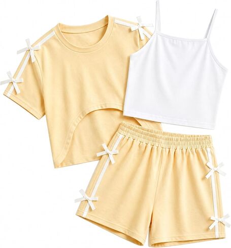 Girls Summer Outfits 3 Piece Set Cute Pink Crop Top White Cami Tank and Shorts with Bow Knot Casual Playwear in Saudi Arabia