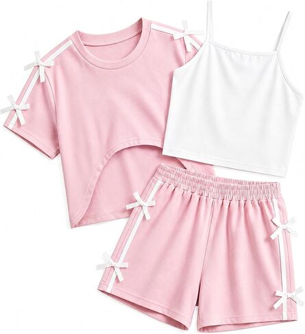 Girls Summer Outfits 3 Piece Set Cute Pink Crop Top White Cami Tank and Shorts with Bow Knot Casual Playwear in Saudi Arabia