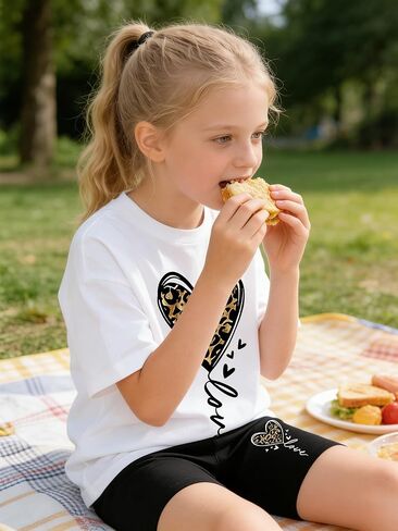 Little Girls Summer Clothes Set Teen Girls 2-Piece Outfit Trendy Short Sleeve Top +Shorts Outfits for Teens Size 13-14 Years Black in Kuwait