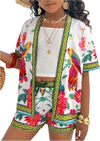 MakeMeChic Girl's Boho Vacation 2 Piece Set Open Front Kimono and Shorts Set in Kuwait