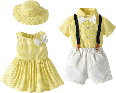 AWIBMK Sibling Matching Outfits Sister Dress and Brother Outfit Girl Dress Hat Boy Shirt Suspender Shorts Gentleman Suit in Kuwait