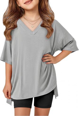 Arshiner Girls Summer Outfits 2 Piece Sets Oversized V Neck Side Split Shirts and Biker Shorts Athletic Sets Workout Outfits in Kuwait