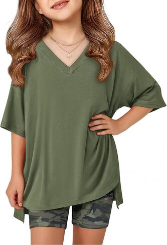 Arshiner Girls Summer Outfits 2 Piece Sets Oversized V Neck Side Split Shirts and Biker Shorts Athletic Sets Workout Outfits in Kuwait