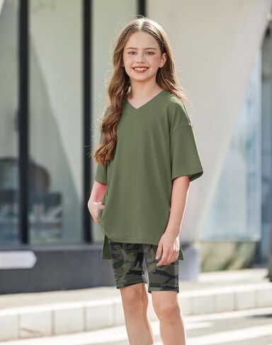 Arshiner Girls Summer Outfits 2 Piece Sets Oversized V Neck Side Split Shirts and Biker Shorts Athletic Sets Workout Outfits in Kuwait