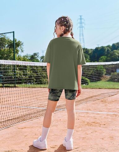 Arshiner Girls Summer Outfits 2 Piece Sets Oversized V Neck Side Split Shirts and Biker Shorts Athletic Sets Workout Outfits in Kuwait