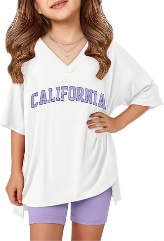 Arshiner Girls Summer Outfits 2 Piece Sets Oversized V Neck Side Split Shirts and Biker Shorts Athletic Sets Workout Outfits in Kuwait