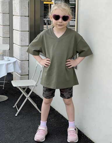 Arshiner Girls Summer Outfits 2 Piece Sets Oversized V Neck Side Split Shirts and Biker Shorts Athletic Sets Workout Outfits in Kuwait
