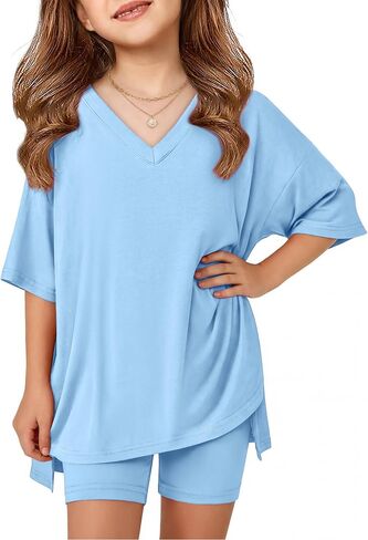Arshiner Girls Summer Outfits 2 Piece Sets Oversized V Neck Side Split Shirts and Biker Shorts Athletic Sets Workout Outfits in Kuwait