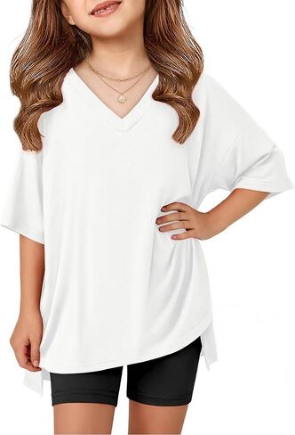 Arshiner Girls Summer Outfits 2 Piece Sets Oversized V Neck Side Split Shirts and Biker Shorts Athletic Sets Workout Outfits in Kuwait