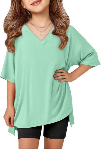 Arshiner Girls Summer Outfits 2 Piece Sets Oversized V Neck Side Split Shirts and Biker Shorts Athletic Sets Workout Outfits in Kuwait