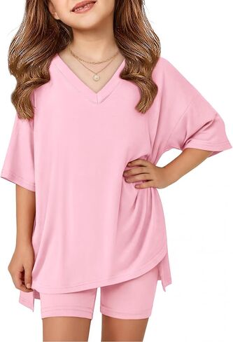 Arshiner Girls Summer Outfits 2 Piece Sets Oversized V Neck Side Split Shirts and Biker Shorts Athletic Sets Workout Outfits in Kuwait