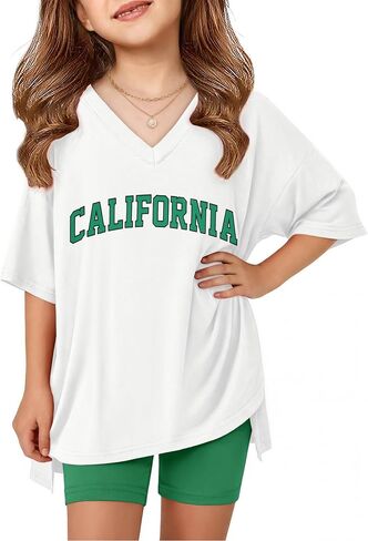 Arshiner Girls Summer Outfits 2 Piece Sets Oversized V Neck Side Split Shirts and Biker Shorts Athletic Sets Workout Outfits in Kuwait