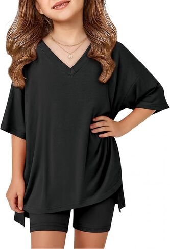Arshiner Girls Summer Outfits 2 Piece Sets Oversized V Neck Side Split Shirts and Biker Shorts Athletic Sets Workout Outfits in Kuwait
