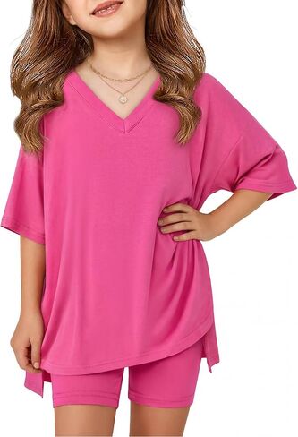 Arshiner Girls Summer Outfits 2 Piece Sets Oversized V Neck Side Split Shirts and Biker Shorts Athletic Sets Workout Outfits in Kuwait