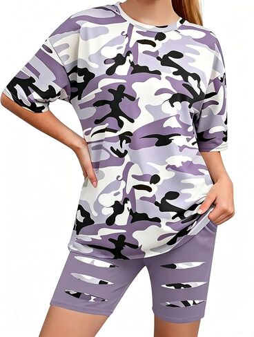 Girls Clothes 2 Piece Summer Outfits Camo Short Sleeve T-shirt Top and Leggings Shorts Set Clothes for Girls 6-14Y in Saudi Arabia