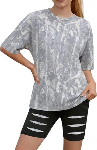 Girls Clothes 2 Piece Summer Outfits Camo Short Sleeve T-shirt Top and Leggings Shorts Set Clothes for Girls 6-14Y in Kuwait