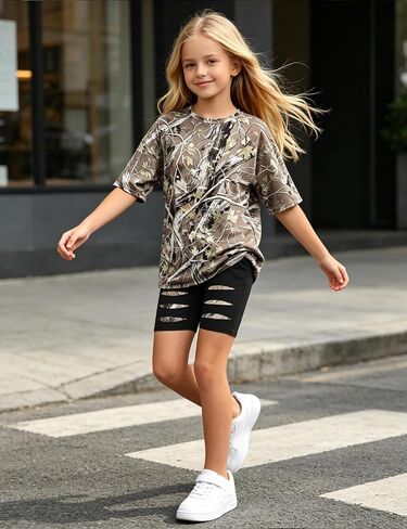 Girls Clothes 2 Piece Summer Outfits Camo Short Sleeve T-shirt Top and Leggings Shorts Set Clothes for Girls 6-14Y in Kuwait