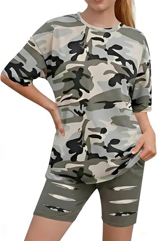 Girls Clothes 2 Piece Summer Outfits Camo Short Sleeve T-shirt Top and Leggings Shorts Set Clothes for Girls 6-14Y in Kuwait
