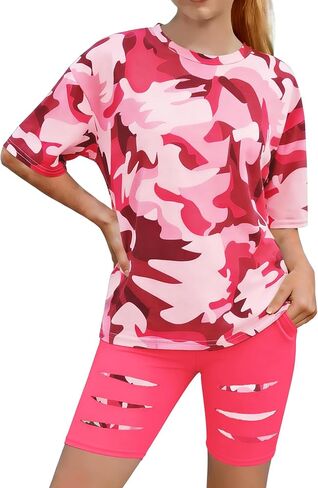 Girls Clothes 2 Piece Summer Outfits Camo Short Sleeve T-shirt Top and Leggings Shorts Set Clothes for Girls 6-14Y in Kuwait