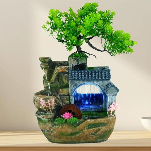 Tabletop Waterfall Fountain, Resin Indoor Desk Fountain with Color-Changing LED Lights, Quiet Pump Small Rockery Water Feature with Faux Bonsai Tree for Home, Office, Bedroom, Relaxation Decor in Saudi Arabia