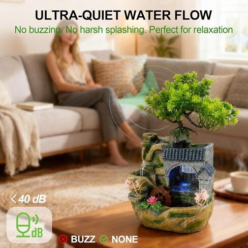 Tabletop Waterfall Fountain, Resin Indoor Desk Fountain with Color-Changing LED Lights, Quiet Pump Small Rockery Water Feature with Faux Bonsai Tree for Home, Office, Bedroom, Relaxation Decor in Saudi Arabia