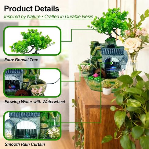 Tabletop Waterfall Fountain, Resin Indoor Desk Fountain with Color-Changing LED Lights, Quiet Pump Small Rockery Water Feature with Faux Bonsai Tree for Home, Office, Bedroom, Relaxation Decor in Saudi Arabia